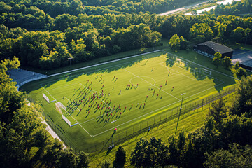 An aerial view of a soccer field with teams playing, showing the layout of the field, players' positions, and the surrounding park area.