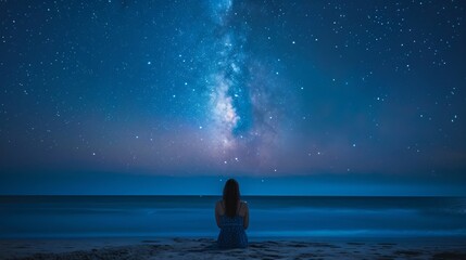 A woman enjoying a romantic beach date under a starlit sky