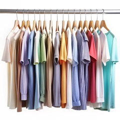 clothes hanging on hangers white background. ai generated
