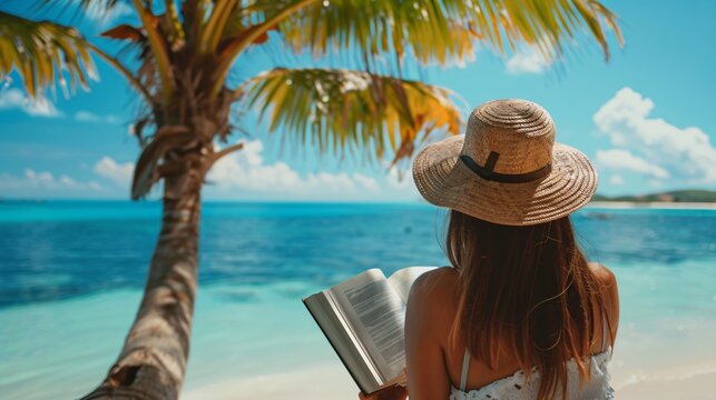 A woman reading a book under a palm tree with the sea in the background