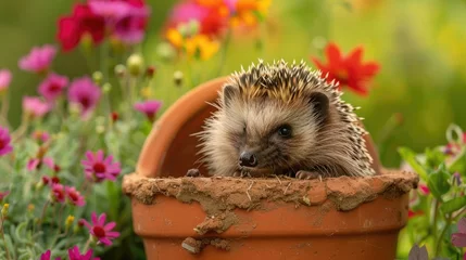 Wild European hedgehog foraging in flower bed inside terracotta pot © TheWaterMeloonProjec