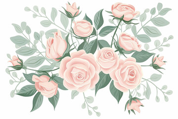 An elegant and beautiful floral design with pink roses, a vector flat icon illustration on a white background, with pastel colors in the style of clip art