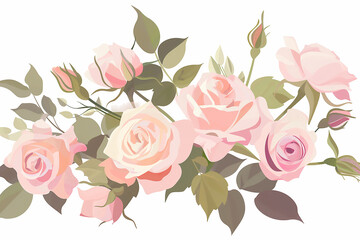 An elegant and beautiful floral design with pink roses, a vector flat icon illustration on a white background, with pastel colors in the style of clip art