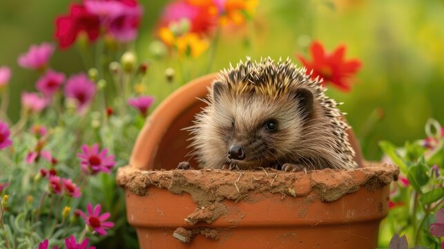 Wild European hedgehog foraging in flower bed inside terracotta pot