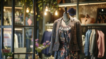 Vintage-Style Dress and Jacket Outfit Displayed on Mannequin in Boutique, Generative AI