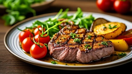  Deliciously grilled steak with fresh vegetables ready to be savored