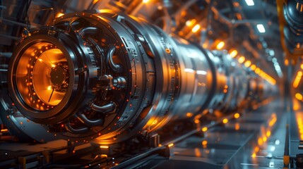 Picture showing reusable rocket engines being serviced in modern, industrial setting. Lit by warm lights, showcasing intricate design and mechanics.