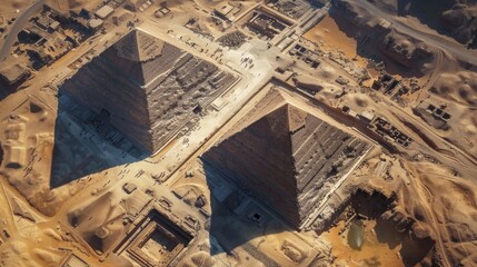 Fototapeta premium Drone View of Giza Pyramids, Ancient Egyptian Architecture, Historical Landmarks, Desert, Wonders of the World, Travel and Tourism, Generated AI