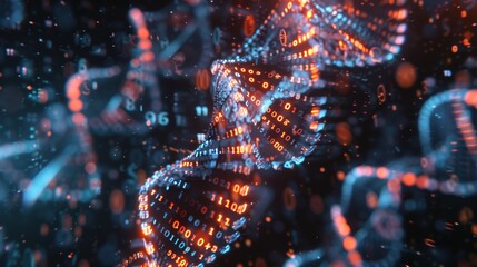 Futuristic DNA Data Storage Visualization with Binary Code Blending into Double Helix