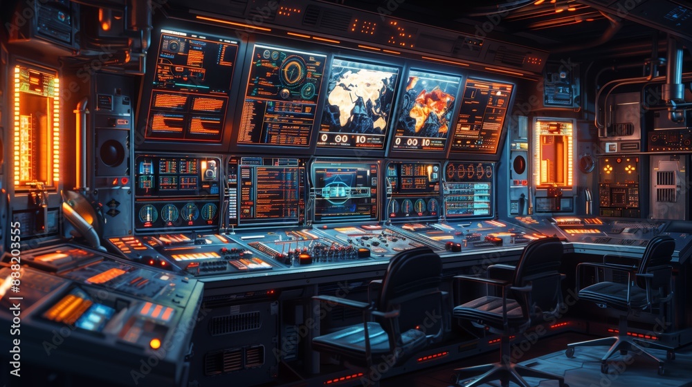 Poster a futuristic mission control center with multiple screens displaying data and a world map. there are