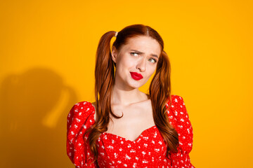 Photo portrait of lovely young lady look skeptical empty space dressed stylish red garment isolated...