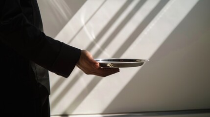 Hand presenting silver tray in bright natural sunlight.