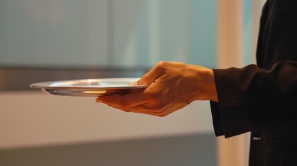 Elegant hand holding tray in warm ambient environment.
