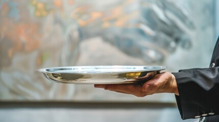 Hand presenting a silver plate against abstract art wall.