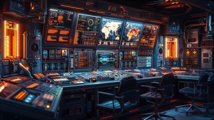 A futuristic mission control center with multiple screens displaying data and a world map. There are several workstations with chairs in the background.