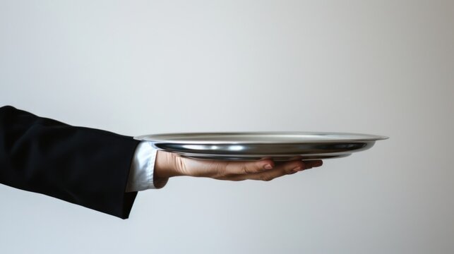 Hand holding silver tray against blank background wall.