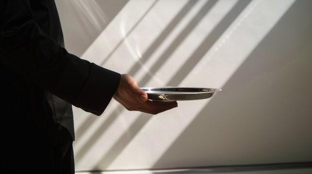 Hand presenting silver tray in bright natural sunlight.