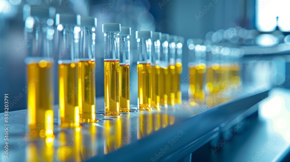 Poster A row of yellow bottles are lined up on a counter