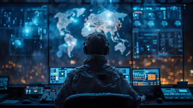 In a dimly lit mission control center, an operator faces a large screen displaying a world map with data points. Their posture and headphones signal urgency.