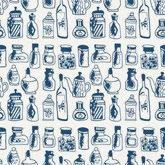 Seamless print pattern with jars and bottles with different food kitchen wallpaper background for textile, paper	
