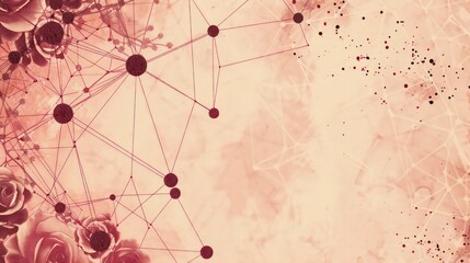 Deep maroon dots connected by rose lines on a soft peach canvas, text focus area in the upper left