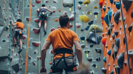 Team Building Event at Indoor Climbing Gym with Colleagues Encouraging Each Other
