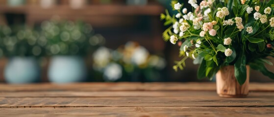 Amidst the blur place, a selected focus empty wooden table decorated with fresh flowers stands out, creating an ultramodern, supernatural scene with copy space