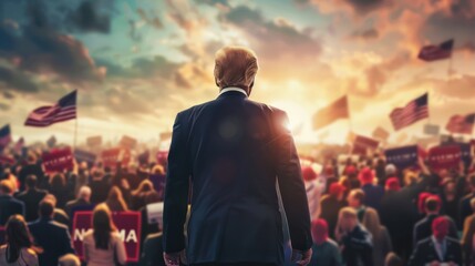 Republican president stands tall amidst a sea of supporters at rally. Back view of presidential candidate in front of a crowd.