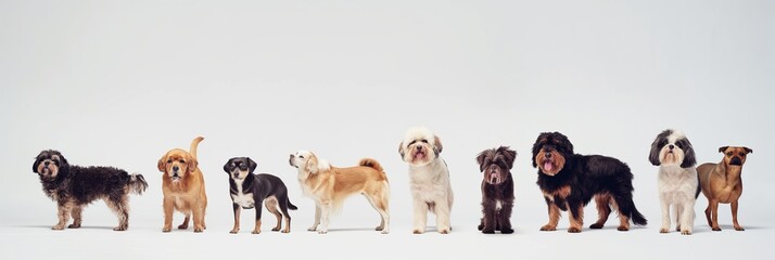 Group of dogs of different breeds standing in a line