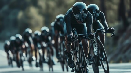 High-Speed Cycling Team in Aerodynamic Formation for Time Trial Race - Blurred Background Emphasizing Speed