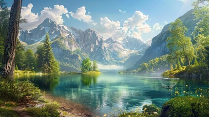 Fototapeta premium romantic summer landscape with lake and mountains