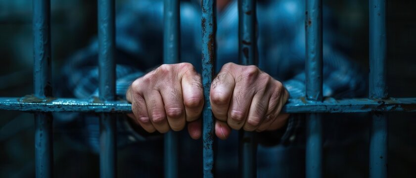 Close-up of hands gripping jail bars in a dimly lit prison, conveying the struggle, confinement, and awaiting freedom.