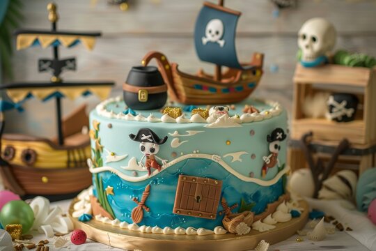 Pirate Themed Birthday Cake with Ship and Treasure Chest Decorations - Perfect for Party Celebrations