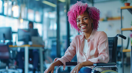Happy young gay black woman with pink hair sitting in wheelchair in office. Diverse and accessible deib workplace. AI generated