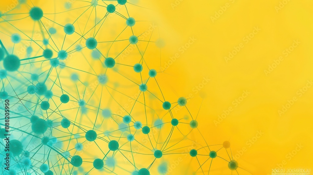 Fototapete deep teal dots linked by aqua threads on a warm yellow backdrop, text area in the bottom right