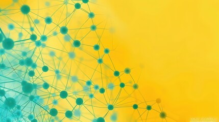 Deep teal dots linked by aqua threads on a warm yellow backdrop, text area in the bottom right