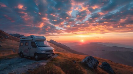 A van was parked on the side of an outdoor mountain trail, overlooking beautiful scenery at sunset.