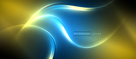 Neon glowing circle rays, light round lines in the dark, planet style neon wave lines. Energetic electric concept design for wallpaper, banner, background