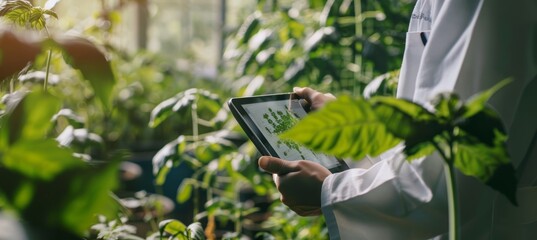 Agricultural Scientist Analyzing Plant DNA in Greenhouse with Tablet Displaying Genetic Data