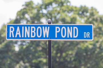 Rainbow Pond Drive blue street sign