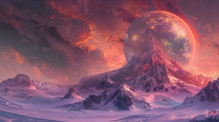 The majestic mountains stood tall against the vibrant sky, as the distant planet beckoned with its unknown allure, a landscape that evoked a sense of wonder and adventure