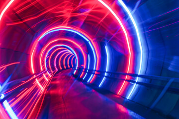 Naklejka premium Futuristic Neon Light Tunnel with Red and Blue Glowing Circular Patterns