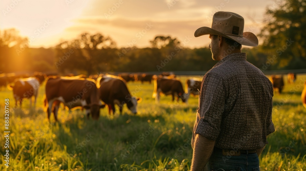 Poster a man in a cowboy hat stands in a field with cows