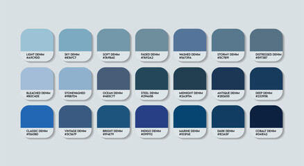 Denim Color Palette, Denim Color Guide Palette with Color Names. Catalog Samples of Blue with RGB HEX codes and Names. Dark Ocean Colors Palette Vector, Fashion Trend Denim Color shades Vector tones