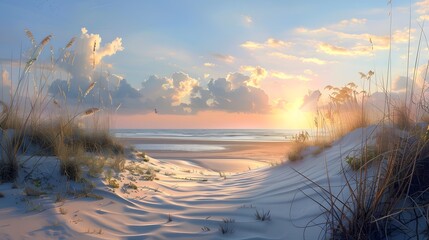A panoramic view of the beautiful sandy beach at sunset, with tall grasses and dunes in front, leading to calm waters under a sky.