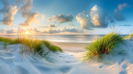 A panoramic view of the beautiful sandy beach at sunset, with tall grasses and dunes in front, leading to calm waters under a sky.