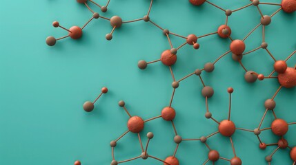 Rust red dots with terracotta connections on a soft teal base, text space in the top right