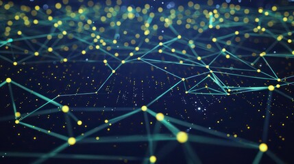 Obraz premium Saffron dots connected by mint green lines on a midnight blue canvas, upper center text area