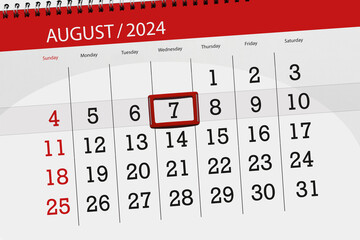 Calendar 2024, deadline, day, month, page, organizer, date, August, wednesday, number 7