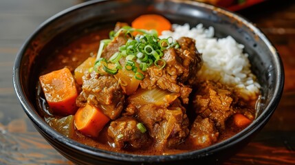 Kare Raisu midscoop, with chunks of meat and vegetables swimming in a rich, aromatic curry sauce creating a hearty and flavorful burst